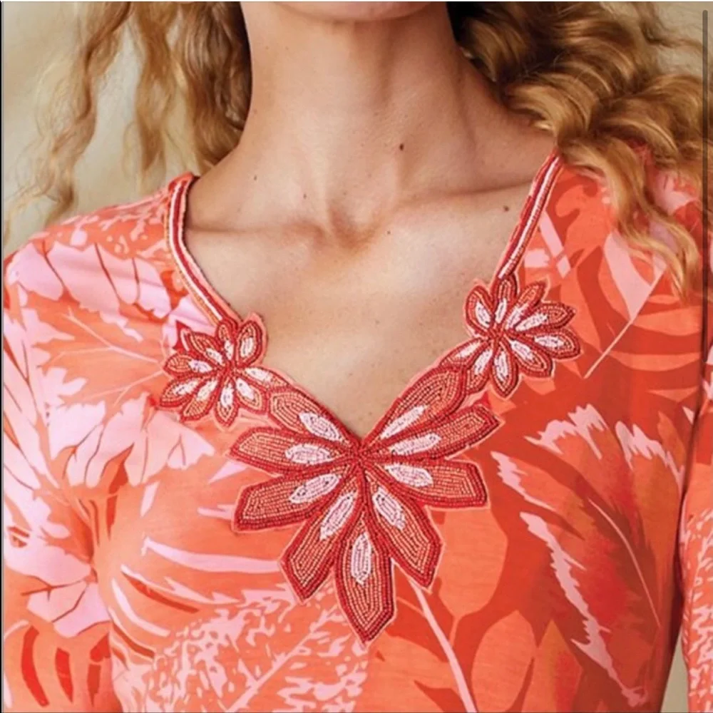 Soft Surroundings Del Rio Beaded Floral Tunic 3/4 Sleeves XS - Picture 2 of 12